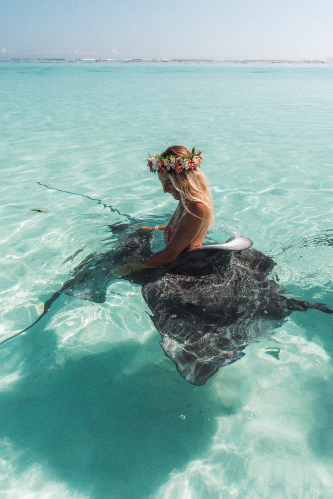 Woman wearing a flower crown smiling in the shallow water, with stingrays swimming very closely by.