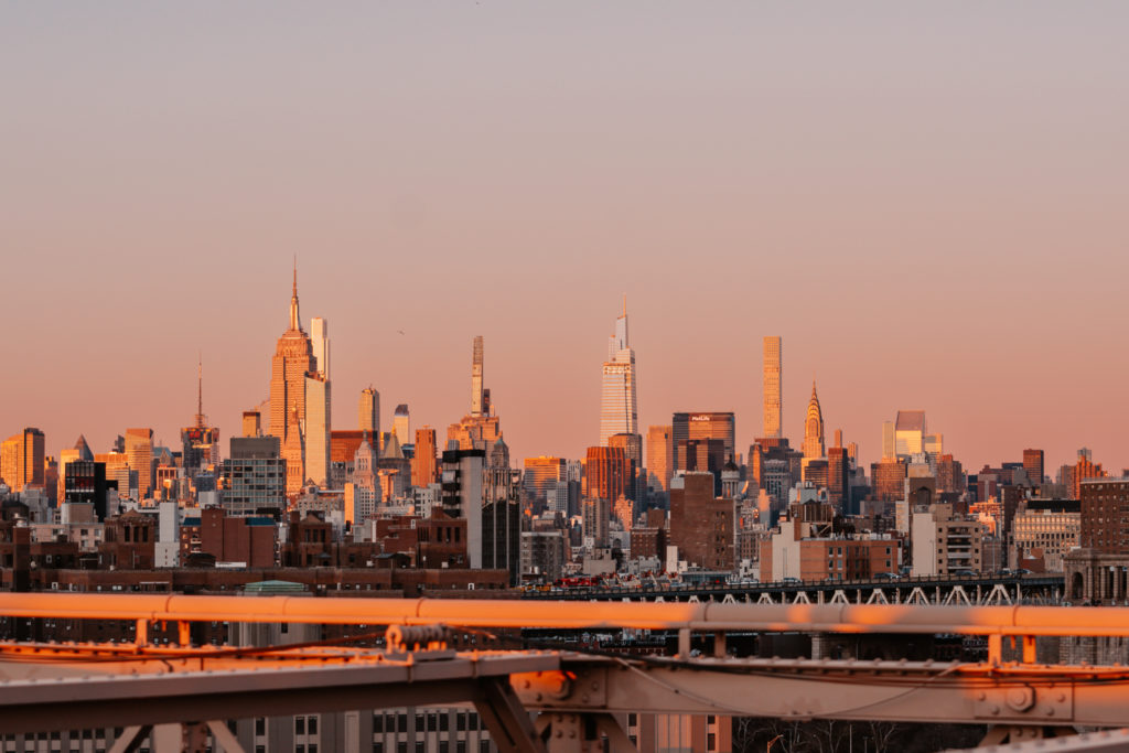 Sunset view of Manhattan skyline.