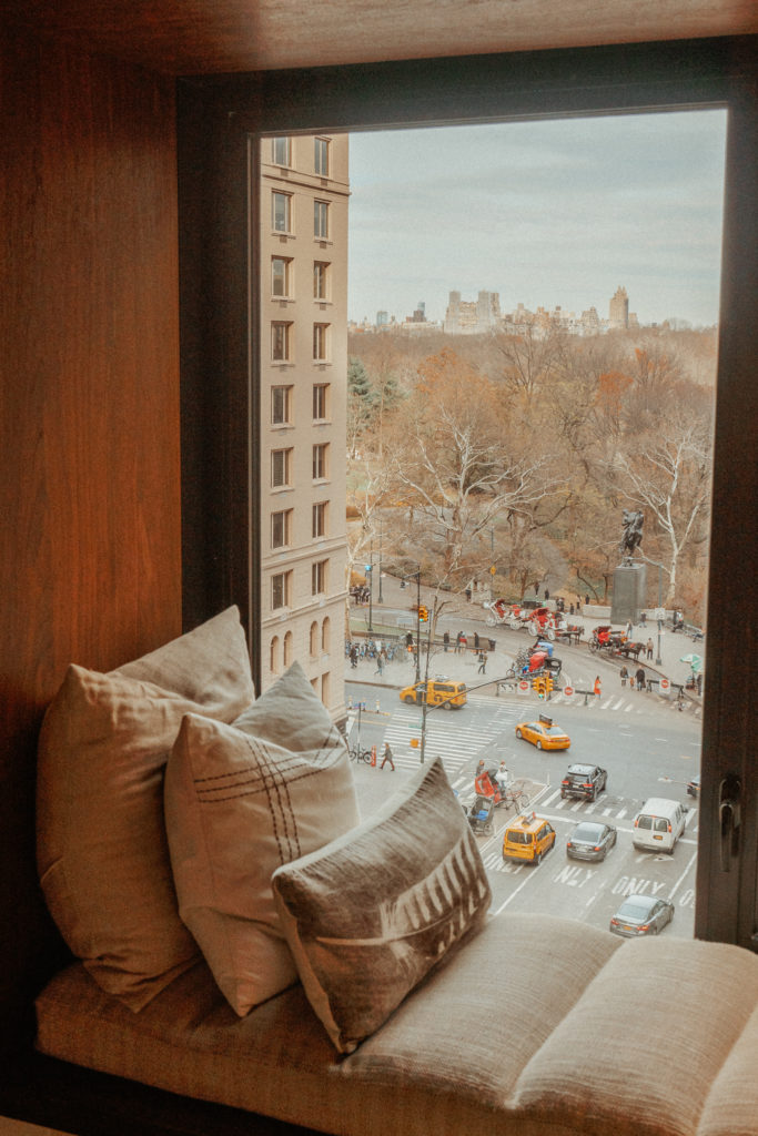 Window seat from Hotel 1 room, overlooking Central Park with an incredible view & bright yellow taxis.