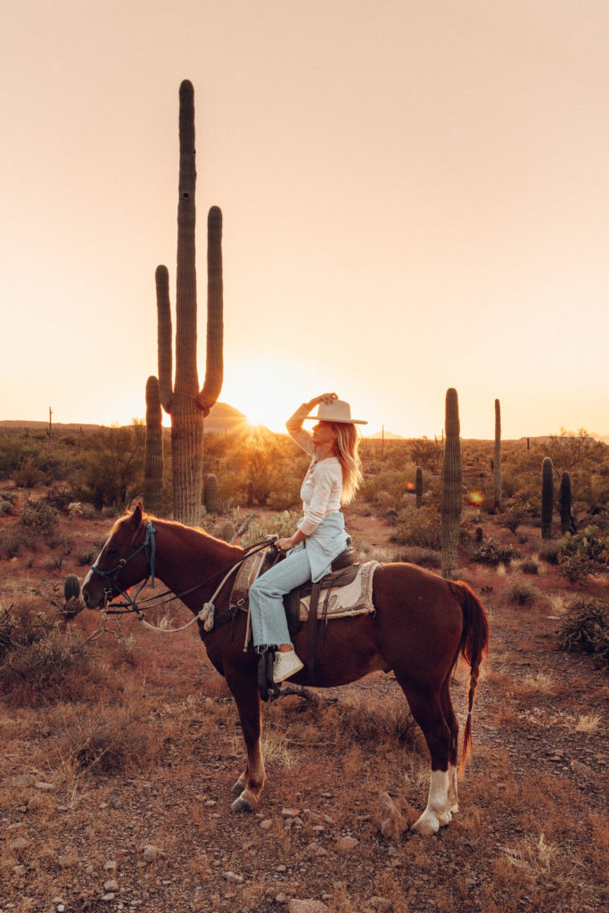 Sarah on a horse at sunset, Saguaro National Park