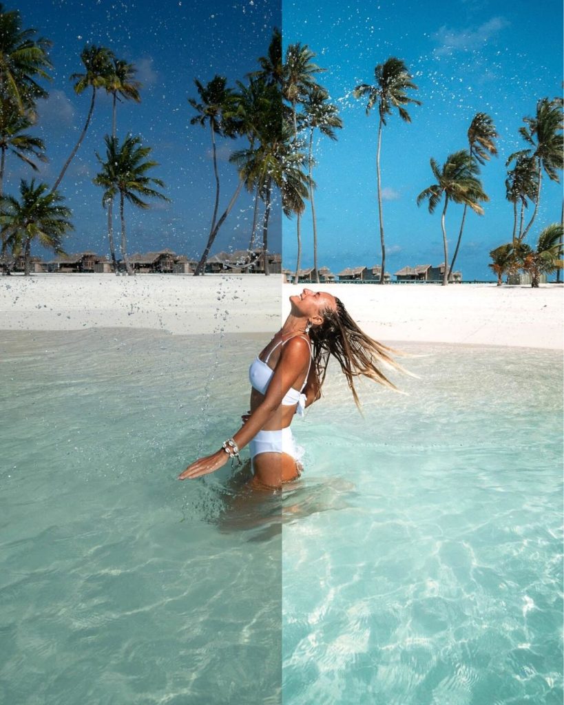 Sarah in Maldives lagoon showing before and after editing with Salty Luxe presets