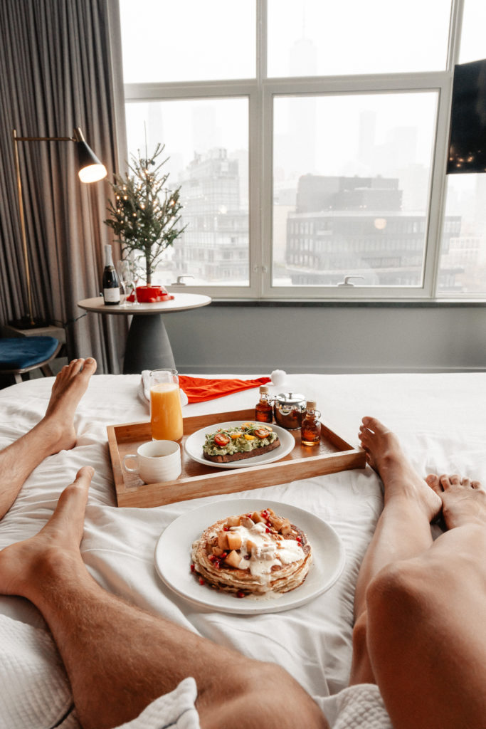 Breakfast in bed in NYC hotel room