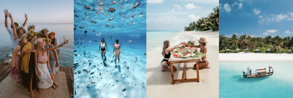 Array of images showing experiences in The Maldives for a Salty Luxe group trip including group selfie, swimming underwater, breakfast on the beach, small boat in blue lagoon