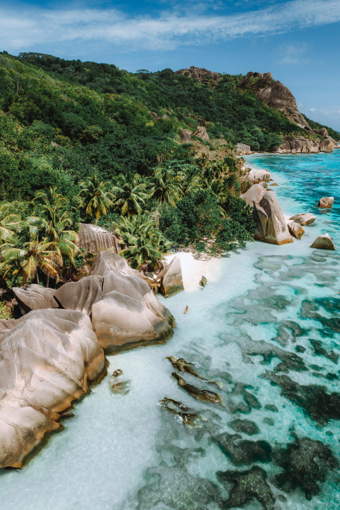 Aerial view of Anse Source d'Argent beach in Seychelles
