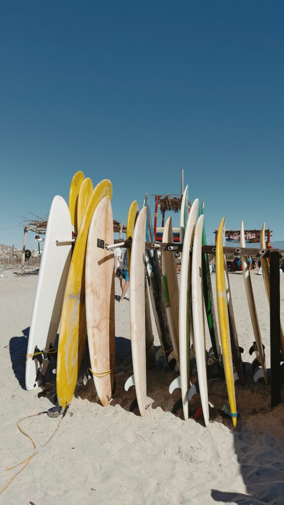 Surfboard rack on Cerritos Beach.