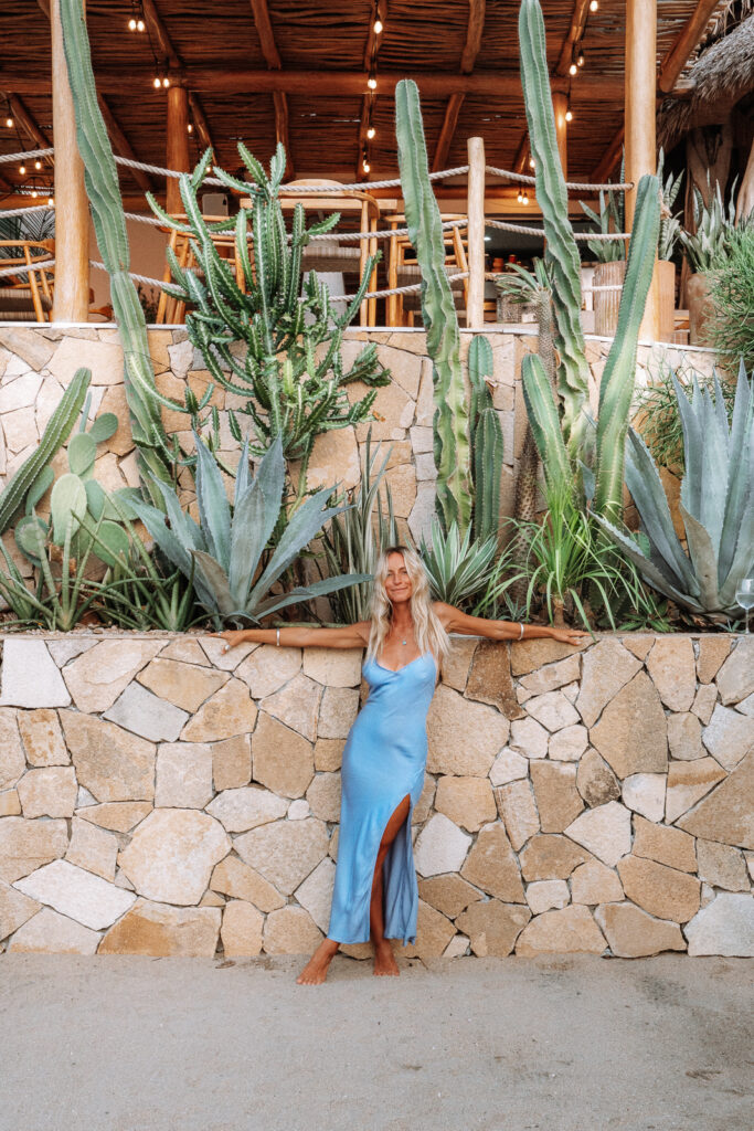Woman in blue silk dress poses in front of cactus garden