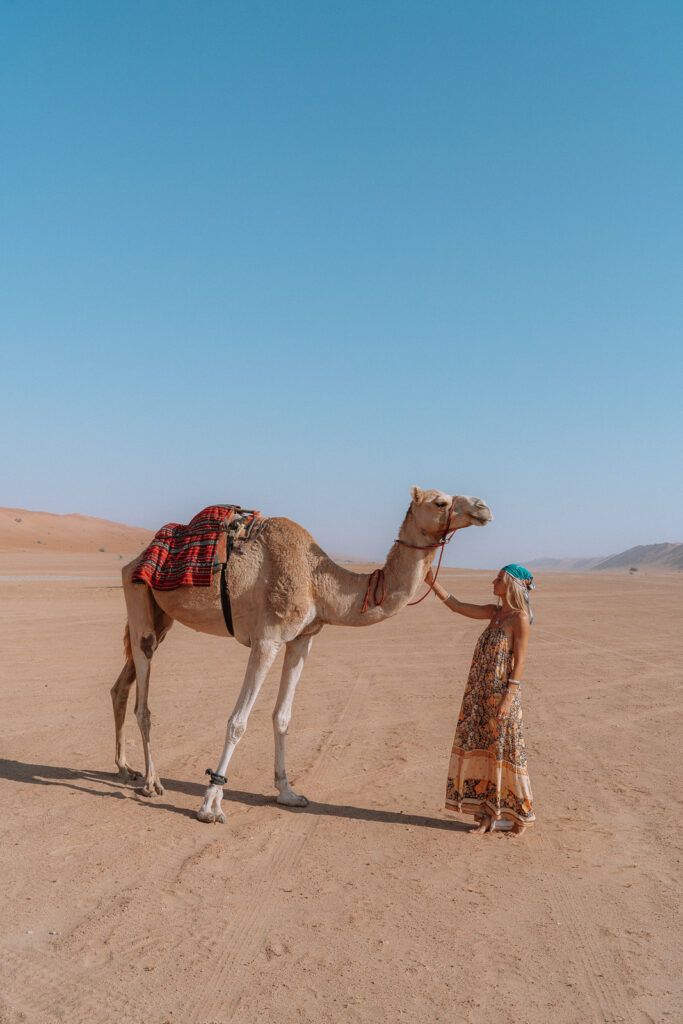 Woman pats a camel in the desert