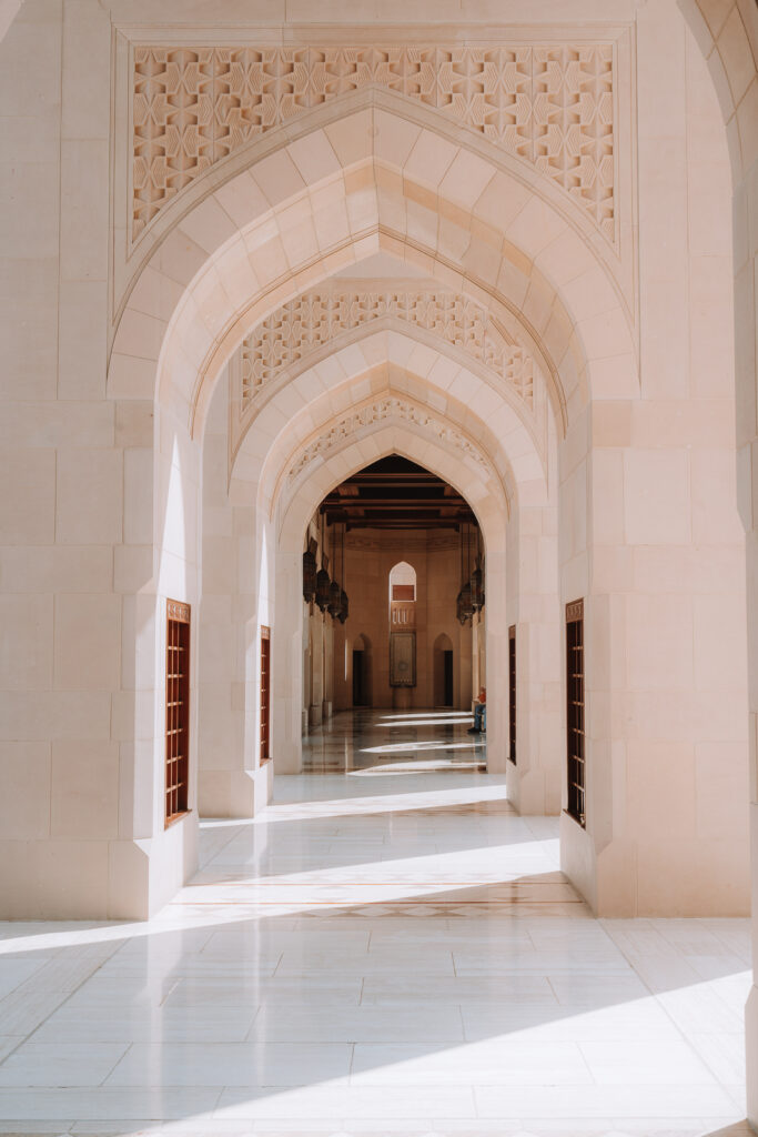 Empty corridor of Grand Mosque in Oman.