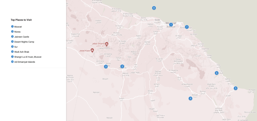 Suggested top places to visit shown on a map of Northern Oman - Oman road trip itinerary