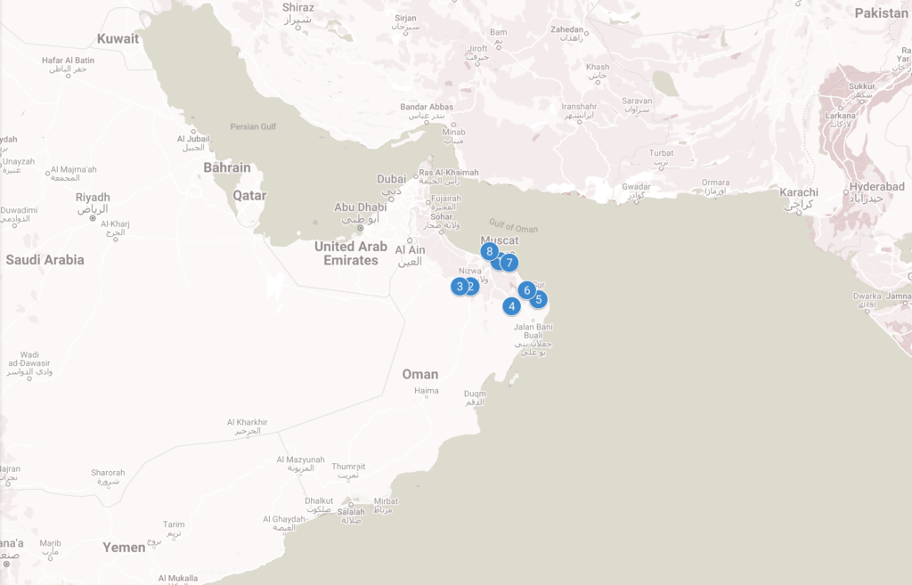 Map of Oman highlighting suggested locations to visit 