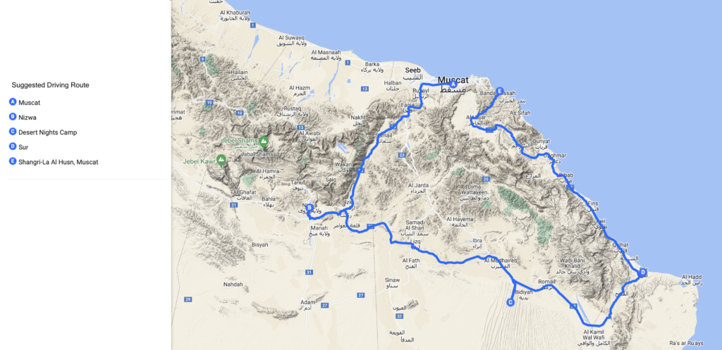Suggested driving route through Oman - Oman travel guide and Oman itinerary