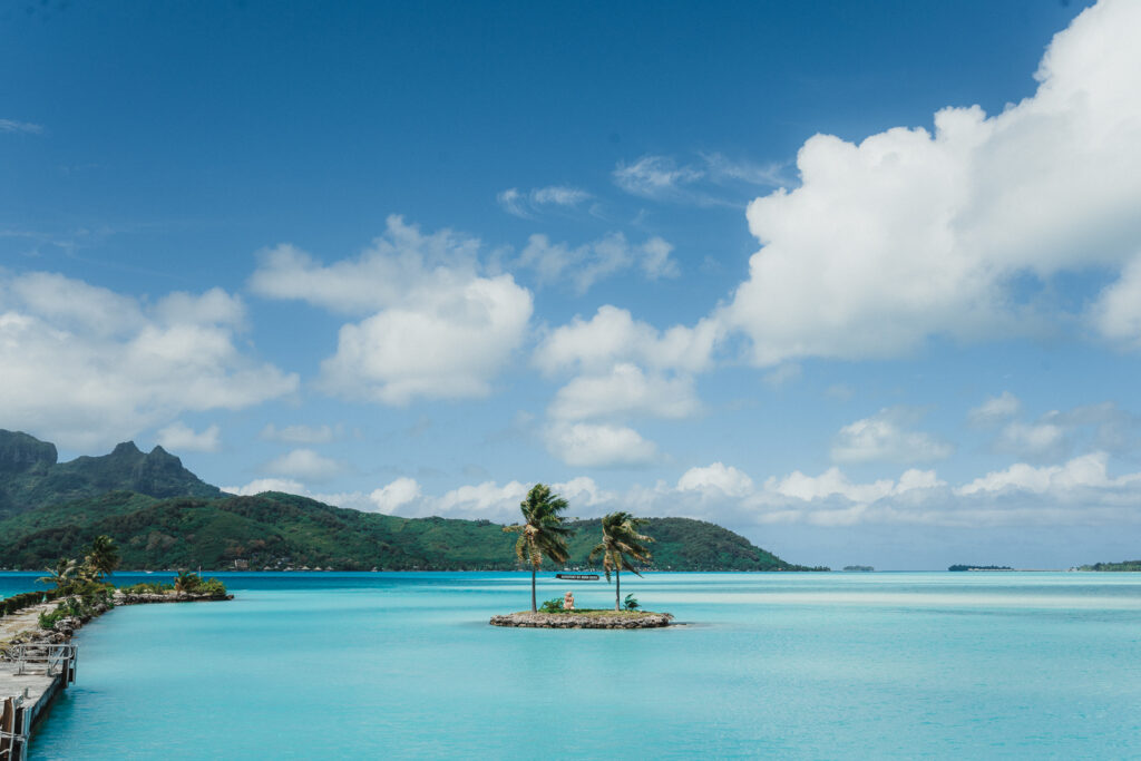 View from the Bora Bora airport towards the main island and mountain.