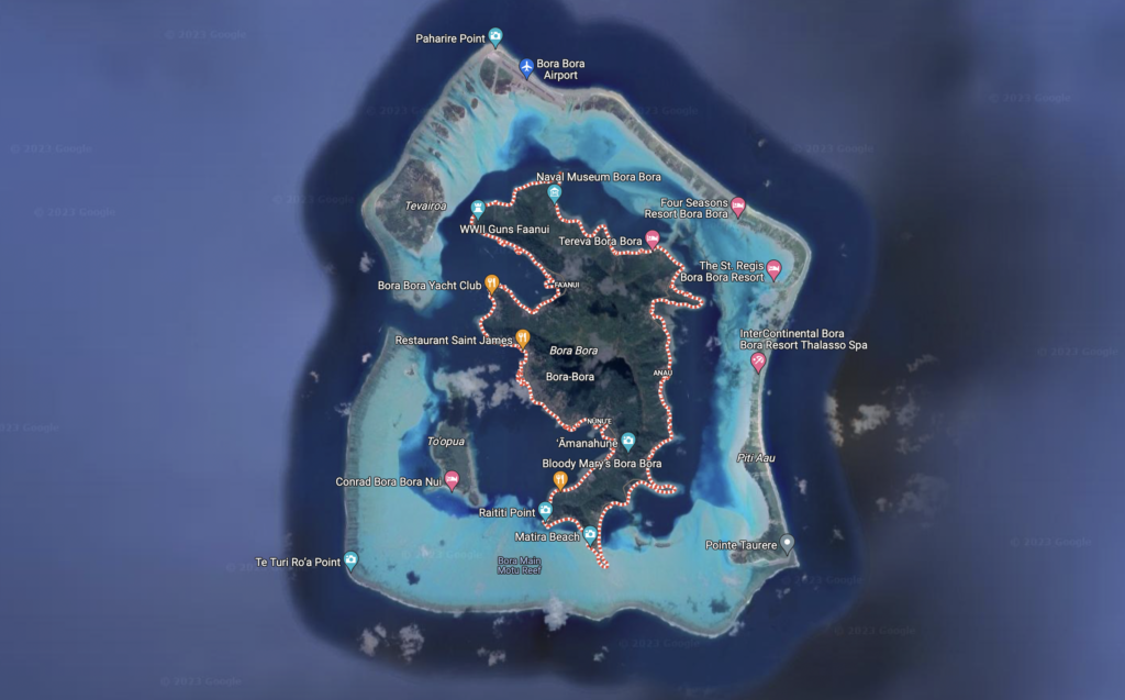 Map of Bora Bora showing the main island, and the resorts surrounding the main island (Google Maps)