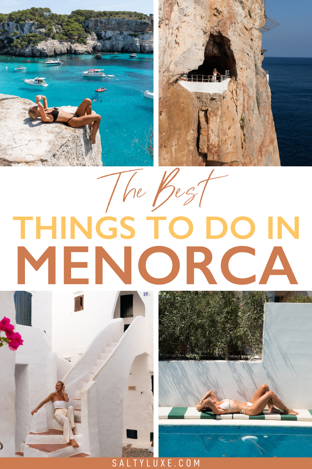 The best things to do in Menorca pin with images of a beach in Menorca, a cave bar in Menorca, Binibecca and a Menorca hotel