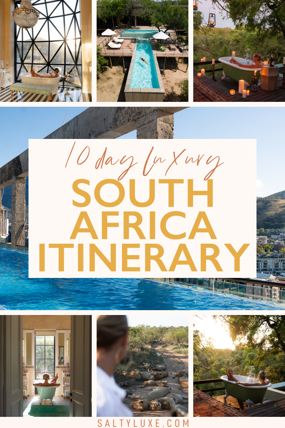 10 day luxury south africa itinerary pin with images of the silo hotel cape town, kruger national park, and royal malewane south africa