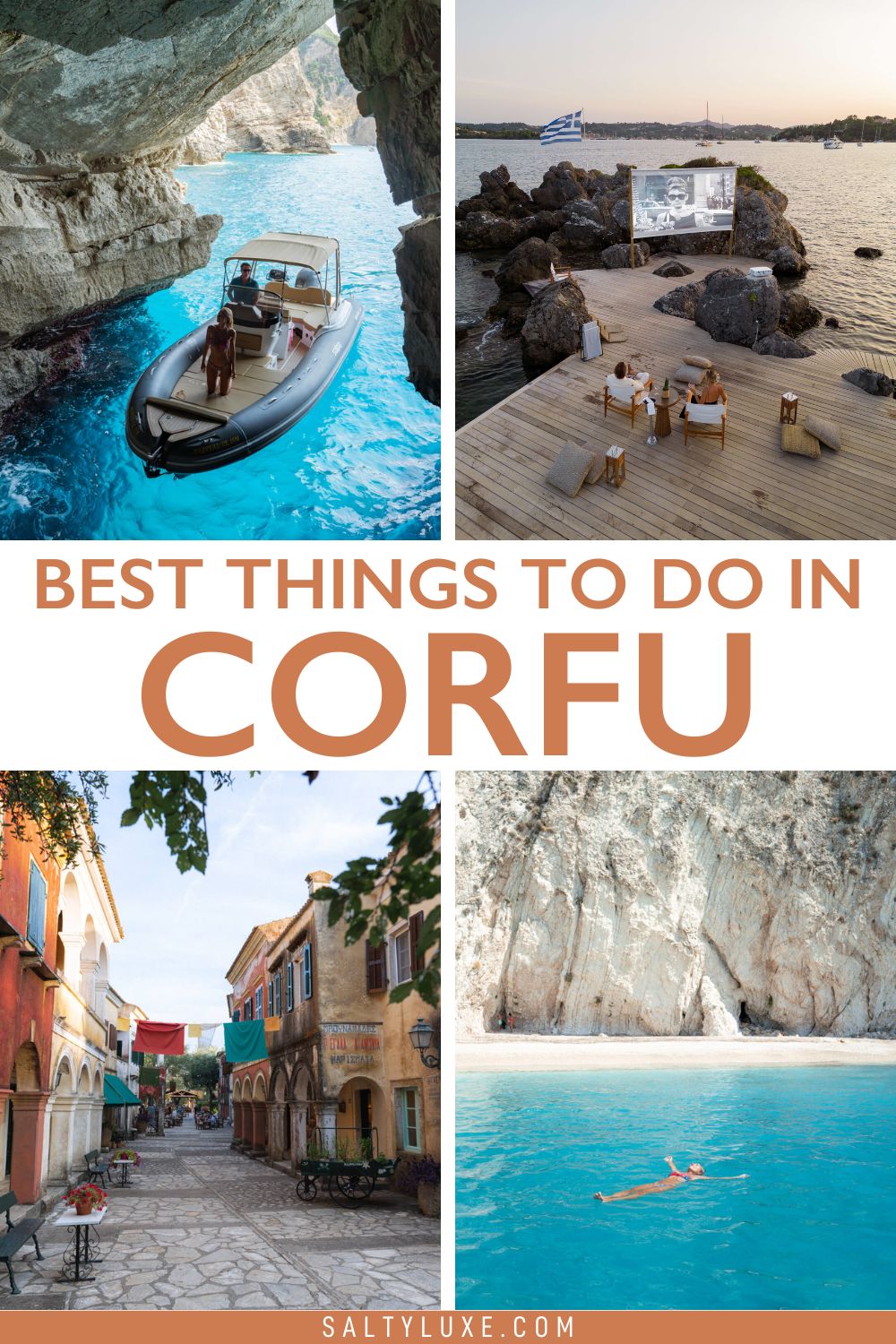 best things to do in Corfu pin with images of Paradise Beach cave, Grecotel Corfu Imperial, Danilia Village