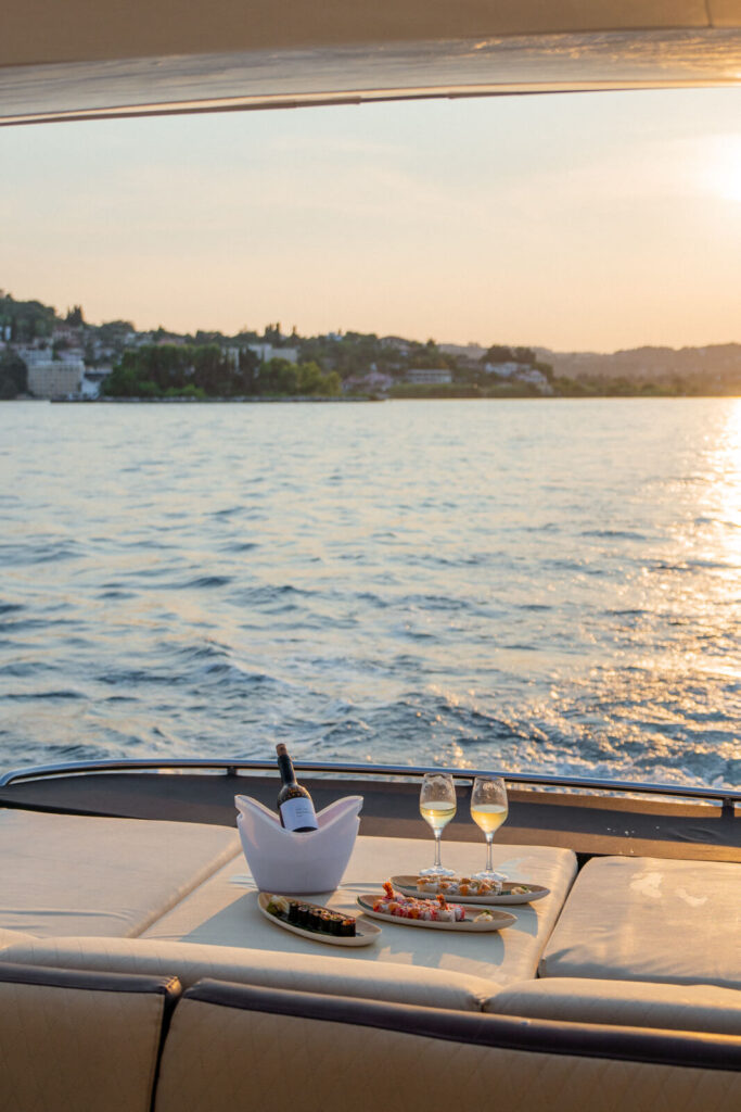 champagne at sunset on Grecotel Corfu Imperial yacht