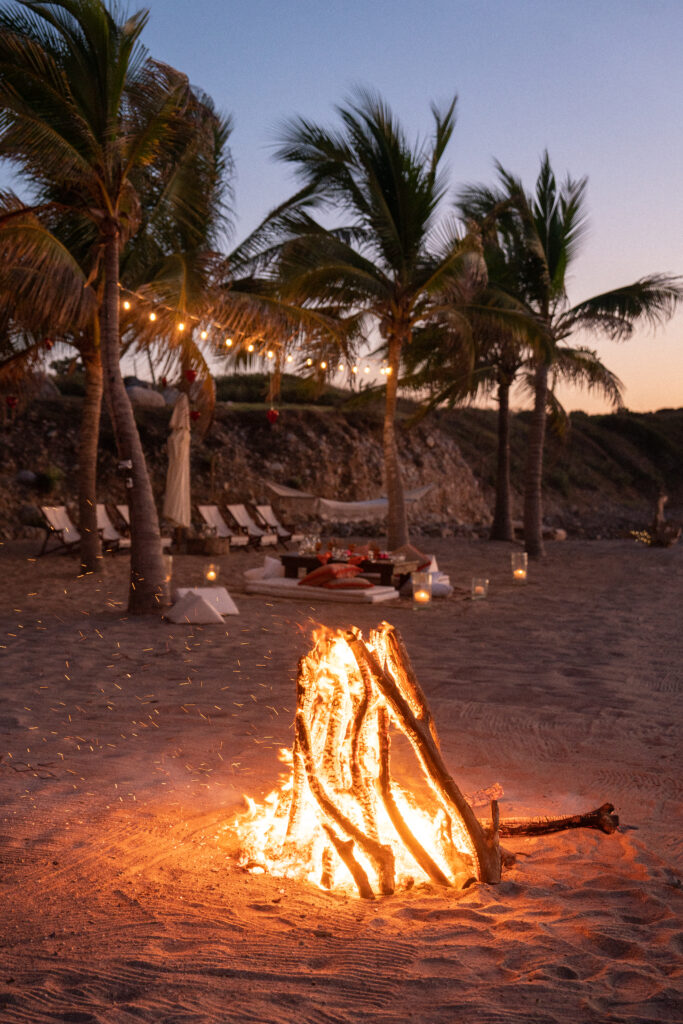 beach bonfire in costalegre mexico at las rosadas